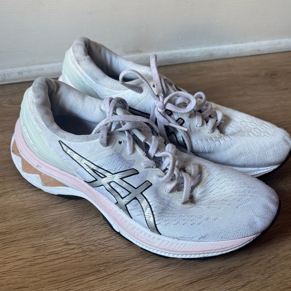 Women’s Asics Gel Kayono 27 White and Light Pink Running Shoes